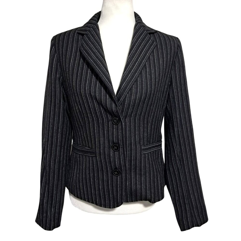 Cabi Pinstripe Blazer Women Size 6 Black White Leopard Print Lining